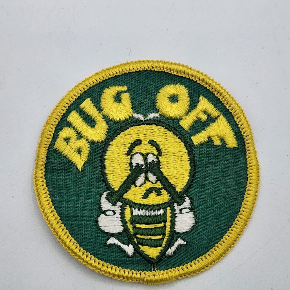 Vtg 70s Bug Off Patch Green Yellow Bee Insect Humor Iron On Sew On Jacket‎ Vest